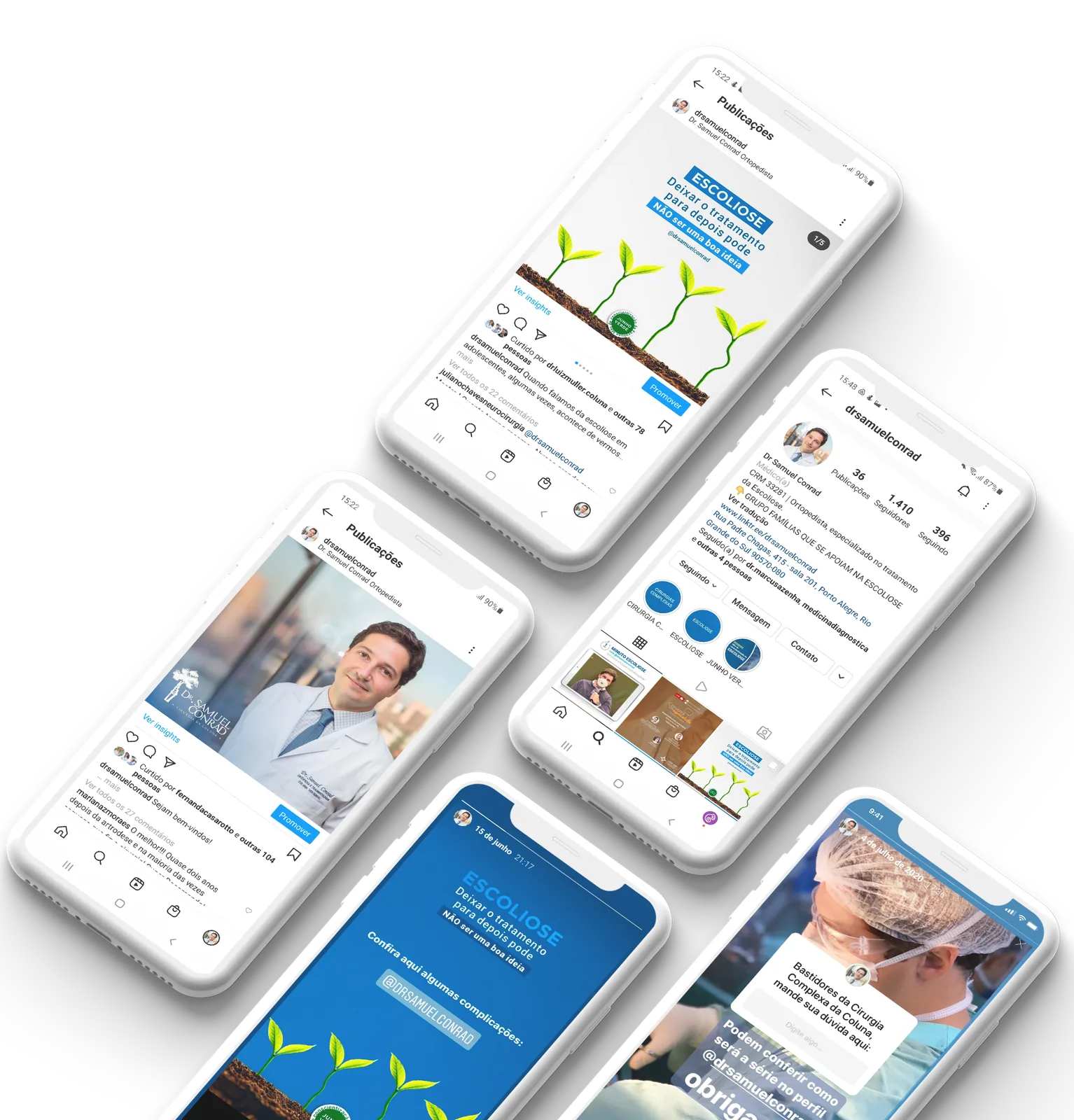 Mockup de publicações e perfil de Instagram de médico em celulares flutuantes
