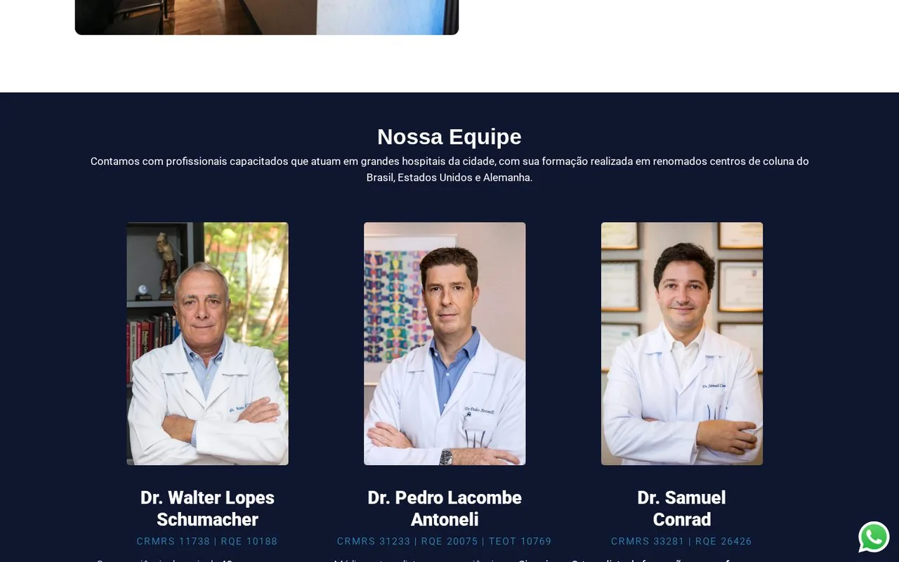 Seção com a equipe médica e informações de contato