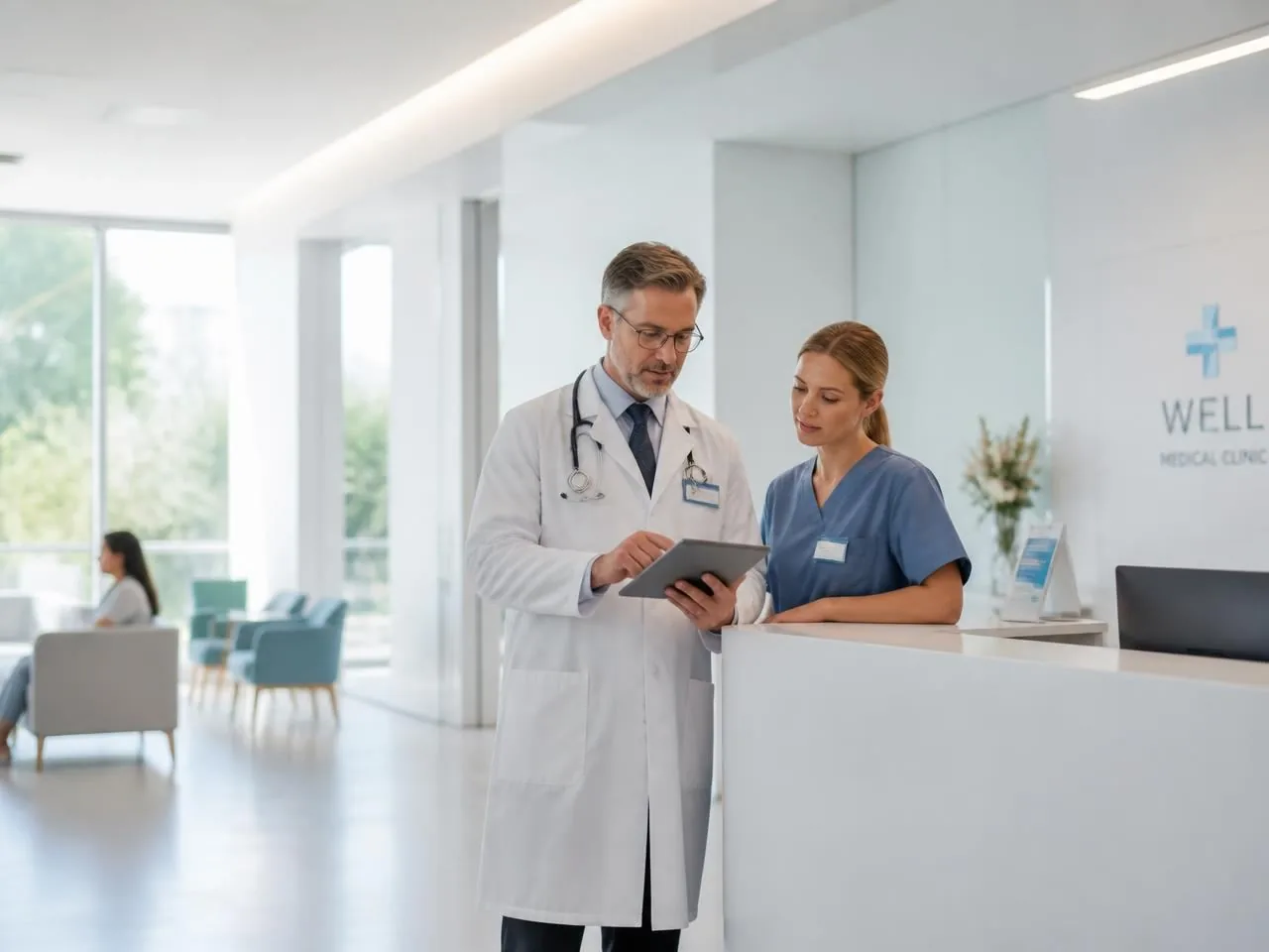 Equipe médica analisando informações em um tablet na recepção de uma clínica