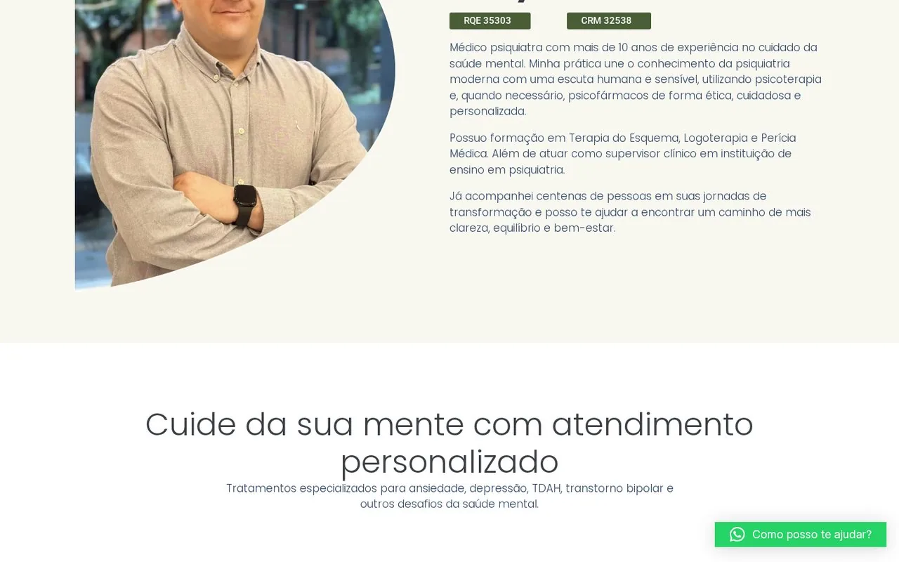 Seção de apresentação do psiquiatra e das condições atendidas