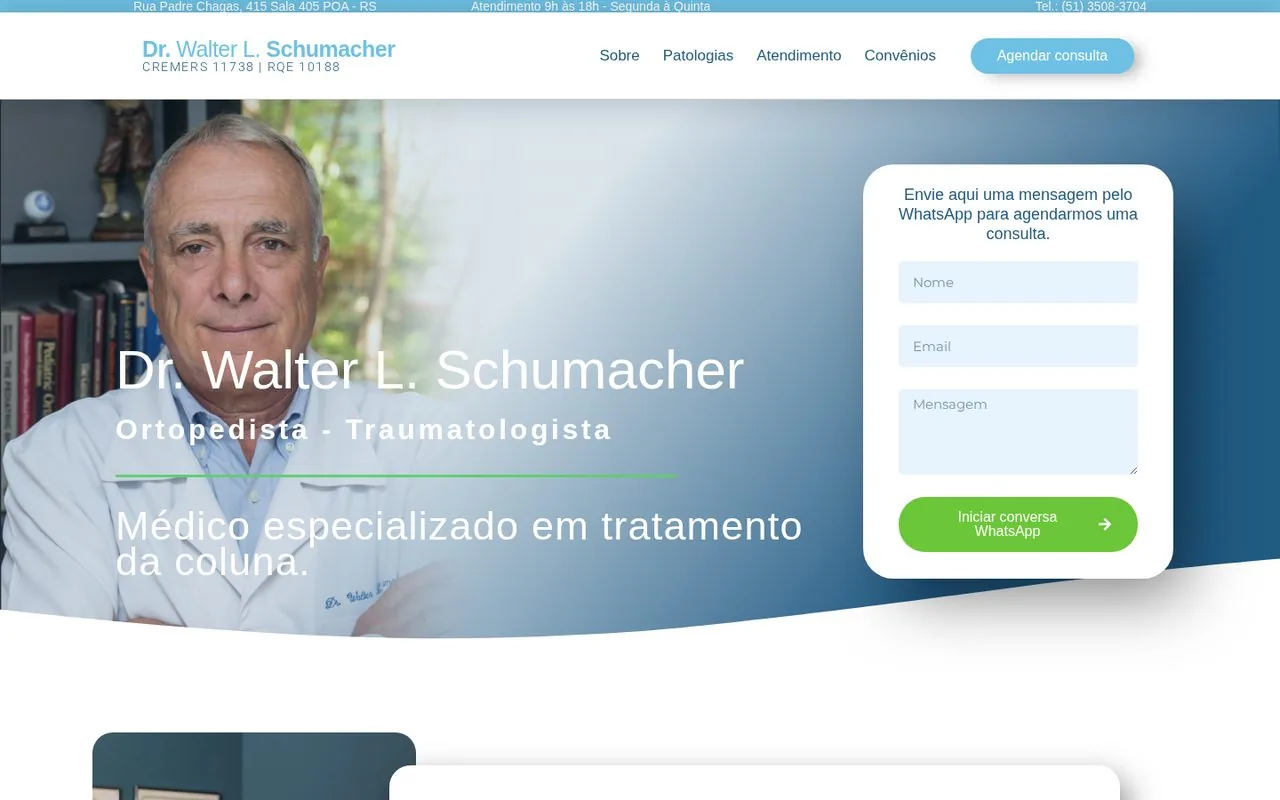 Topo do site do Dr. Walter Schumacher com formulário de WhatsApp