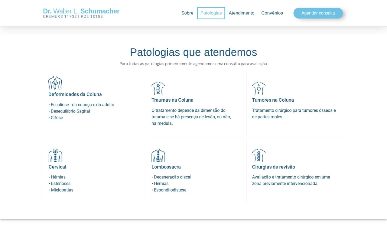 Seção sobre o médico e as patologias atendidas