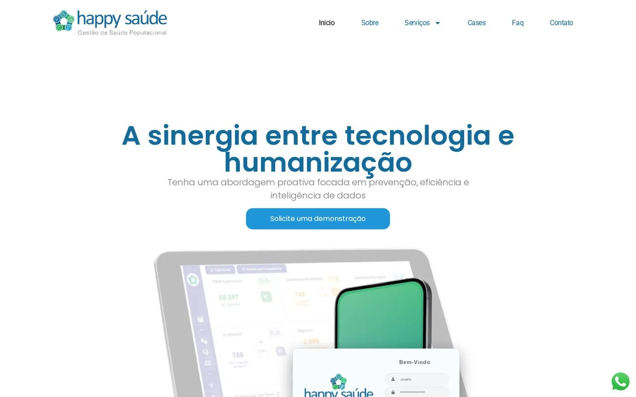 Topo do site da Happy Saúde com a chamada e o mockup da plataforma
