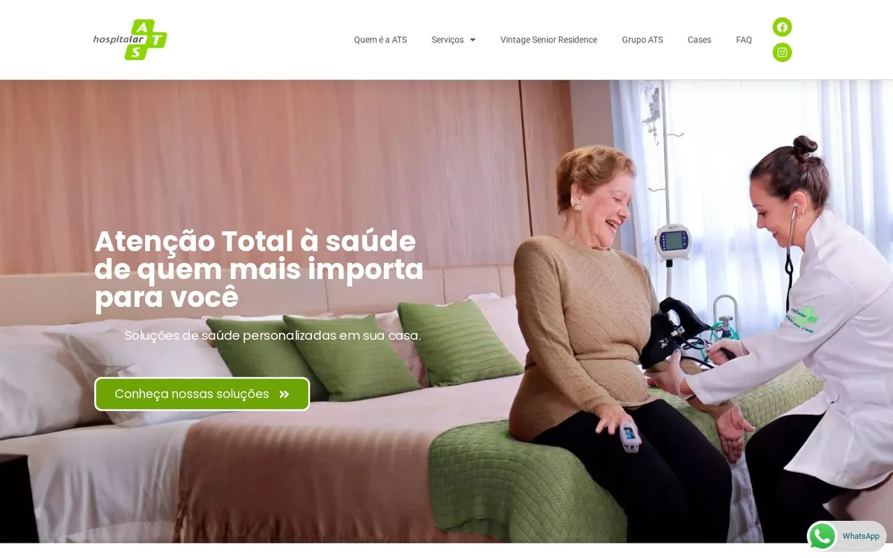 Topo do site da Hospitalar ATS com a chamada sobre cuidado domiciliar