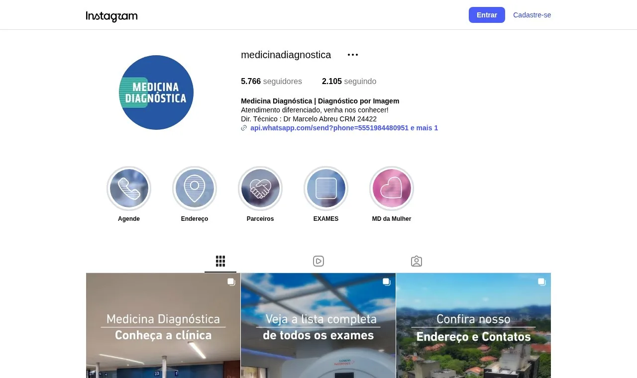 Perfil da Medicina Diagnóstica no Instagram com destaques organizados